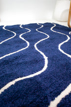 Plush Moroccan Patterned Rug - Microfiber -Navy Blue and White- Rectangle